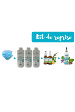 Kit de reprise pour la réouverture des cabinets de santé, gel hydro alcoolique, masque, spray assainissant, spray purifiant